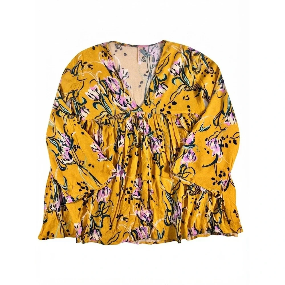 Free People Tunic Top Womens S Yellow Floral Boho Oversized Bell Sleeve Rayon